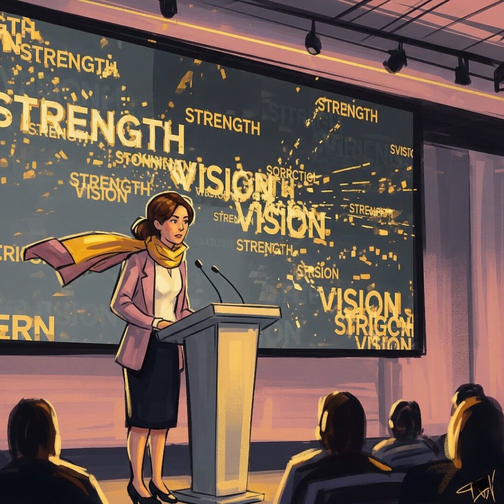 A woman speaks at a conference with a glitchy "strength" and "vision" screen.
