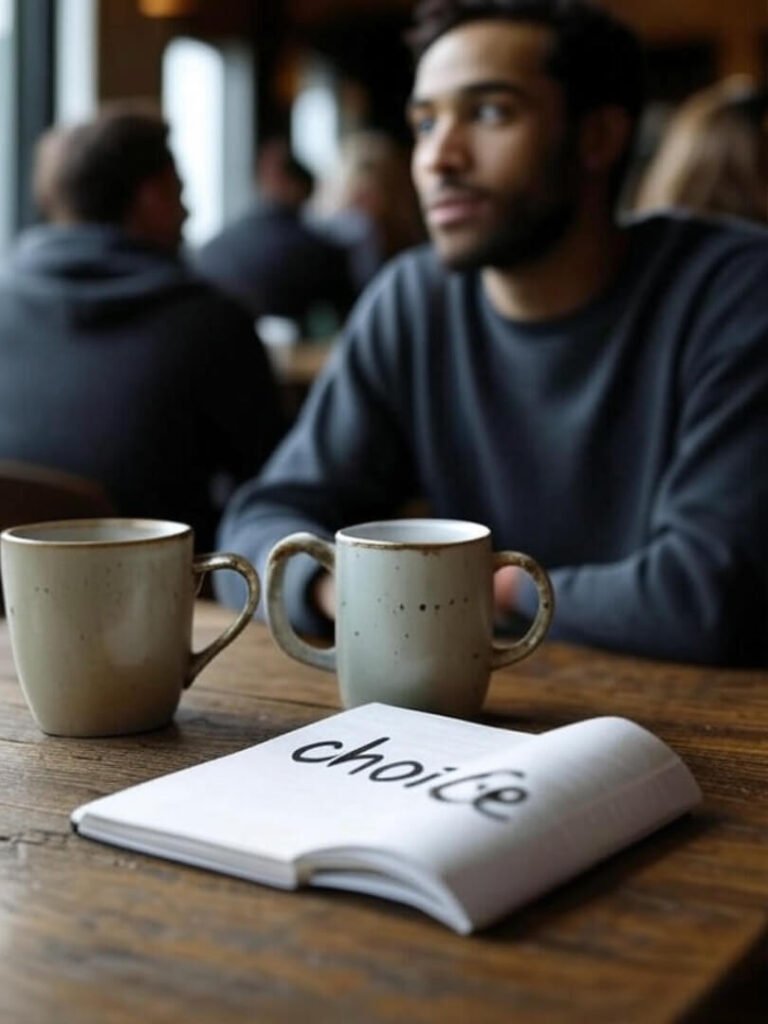 Grainy coffee shop table with two mugs, one chipped, and "choice" notebook.