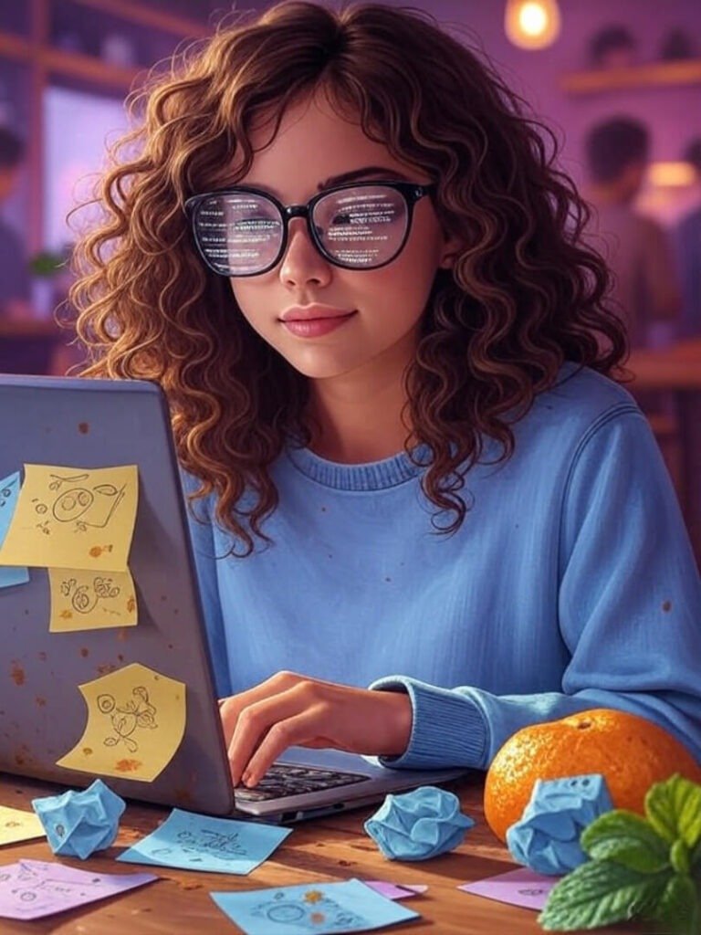 Dreamy girl coding in coffee shop, code in glasses, doodled sticky notes, colorful chaos.