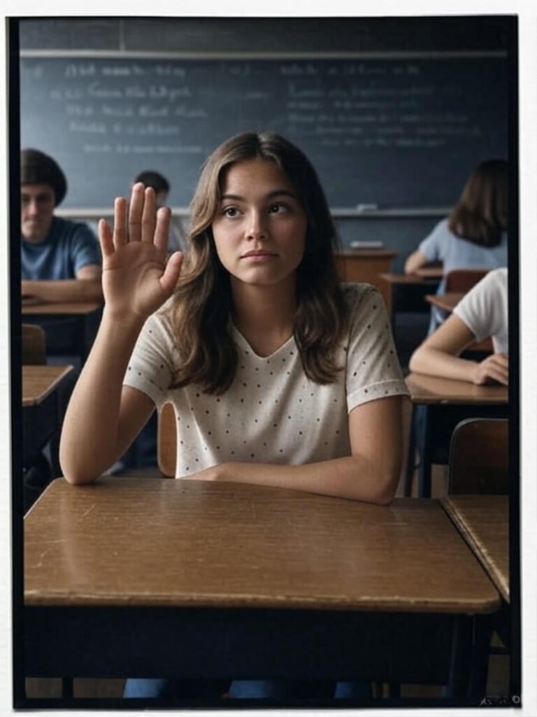 Wonky sepia classroom shot, woman raising hand, messy chalkboard notes, nostalgic vibe.