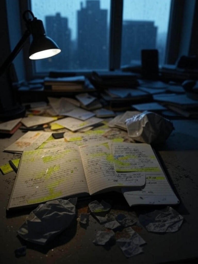 Gritty notebook with messy notes, smudged highlighter, crumpled chip bag in dim room.