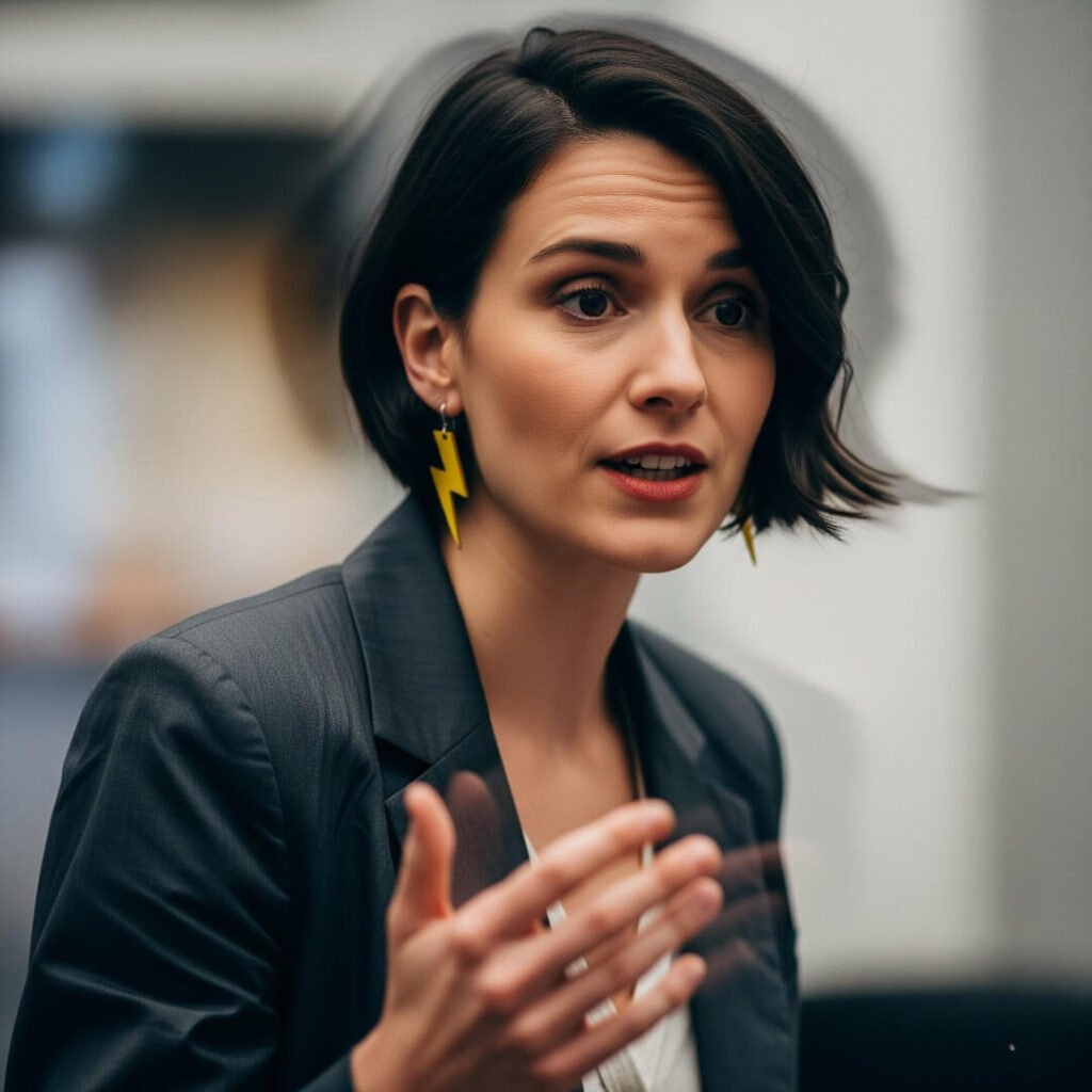 Woman in blazer, blurry, mid-speech, with lightning bolt earring.