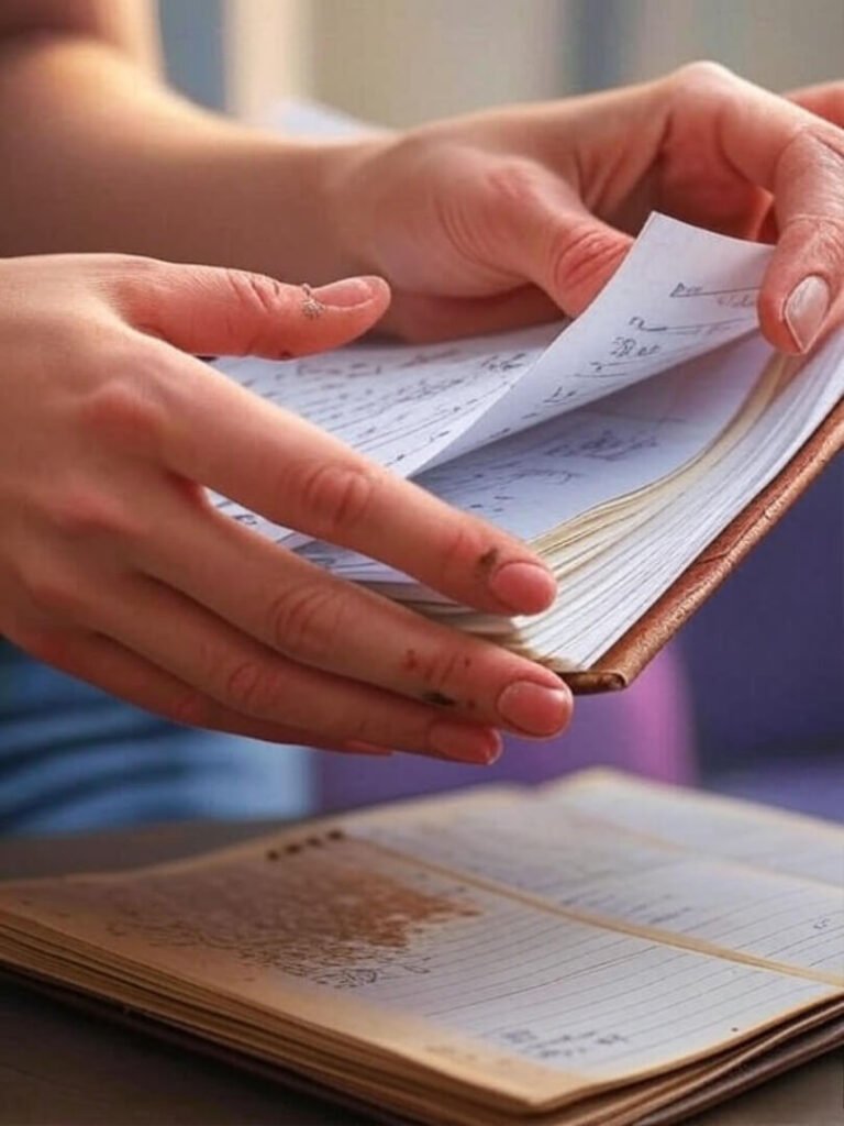 Chipped hands scribbling in coffee-stained planner.