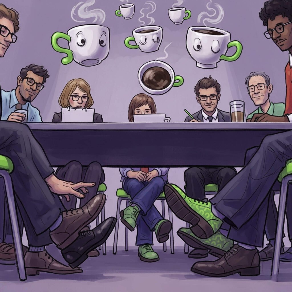 An impressionistic digital painting of a diverse team in a meeting.