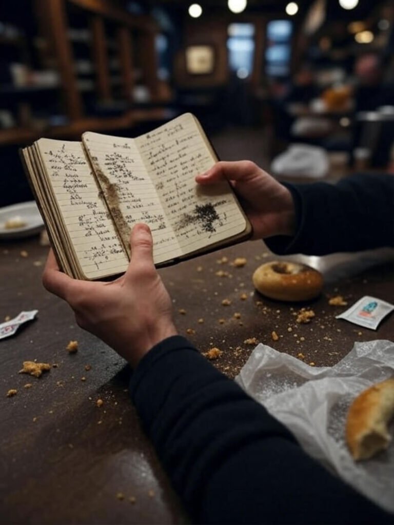 Blurry hands hold smudged journal on messy coffee shop table with bagel.