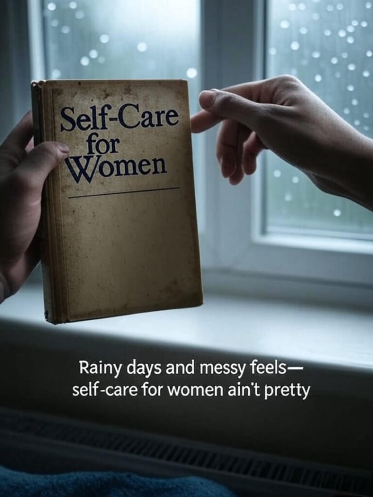 Hands grip worn self-help book, rain blurs window, reflecting raw emotions.