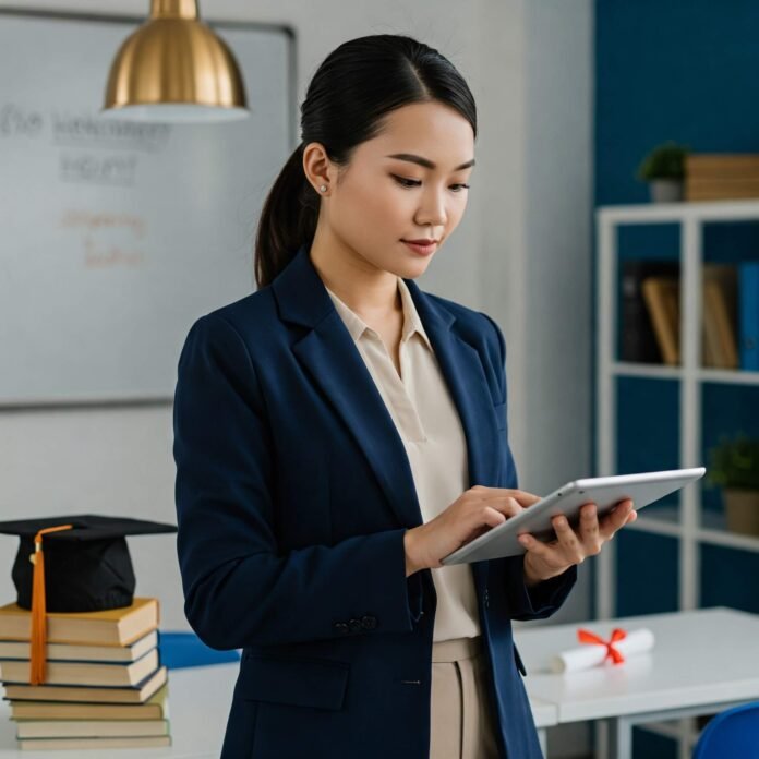 Empowered Woman with Tablet in Classroom