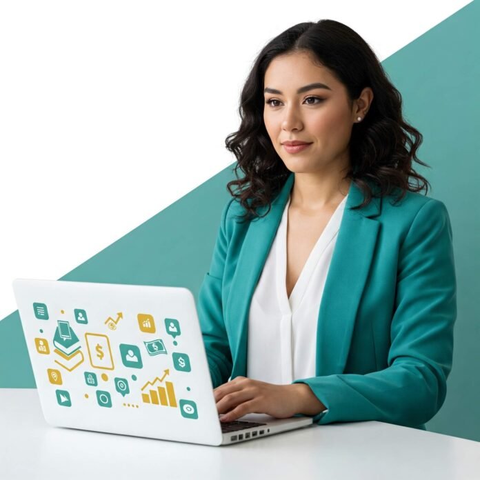 Confident Woman at Laptop - Teal & Gold Inspiration