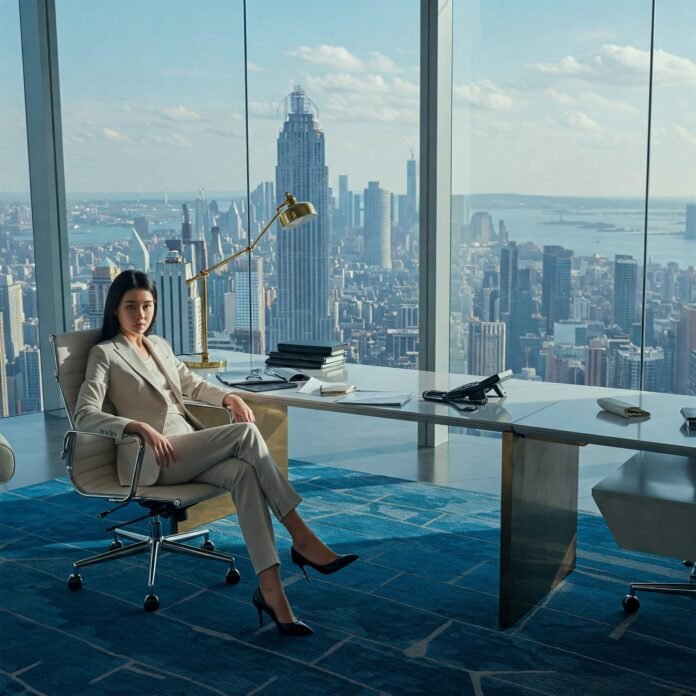 Successful Woman CEO Office Skyline View