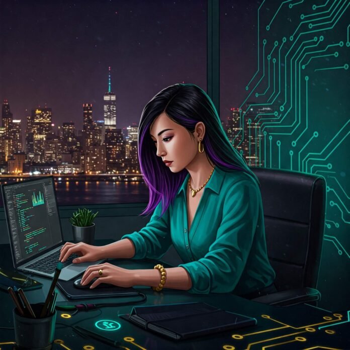 Confident Woman Coding in a Modern City