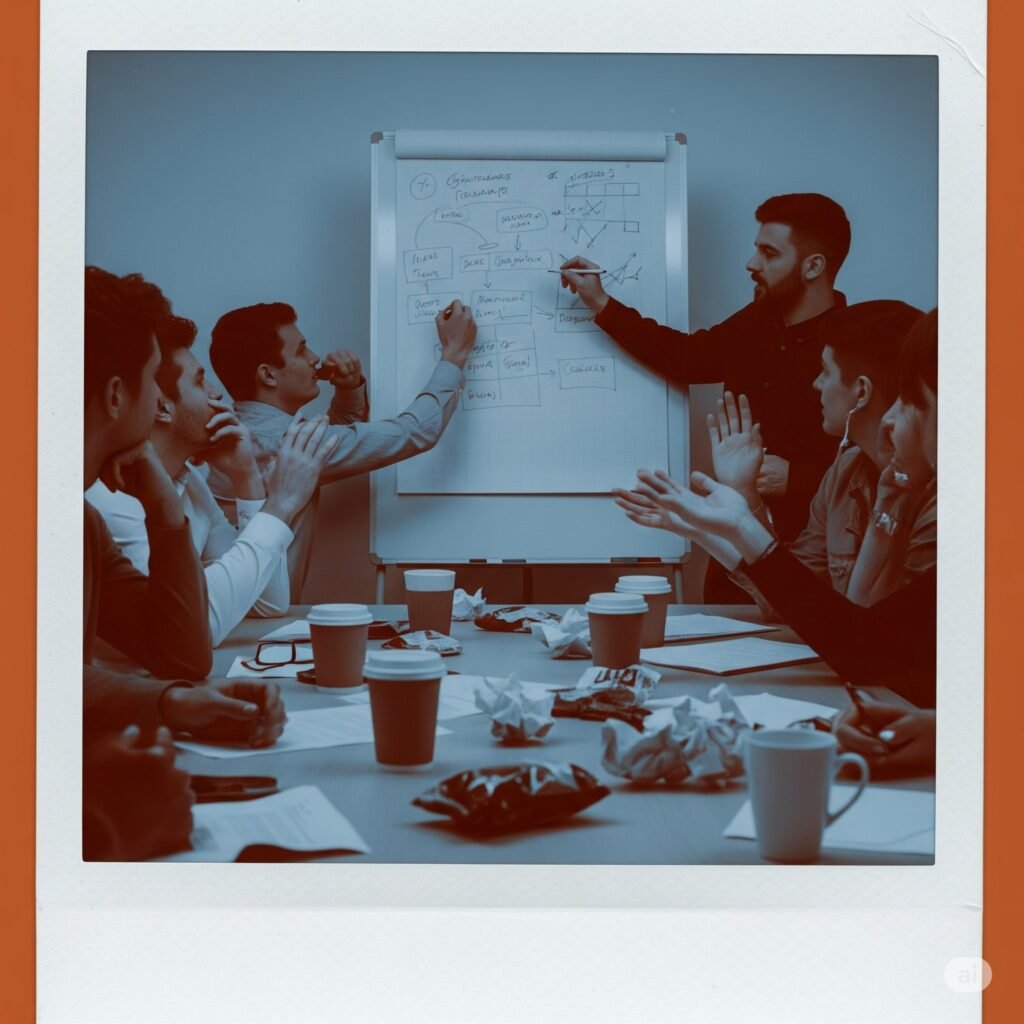 A grainy Polaroid photo of a team in a hectic meeting.