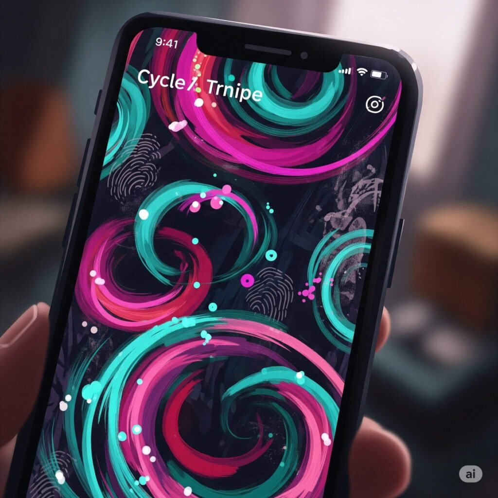 Digital painting of a phone screen showing a colorful cycle-tracking app.