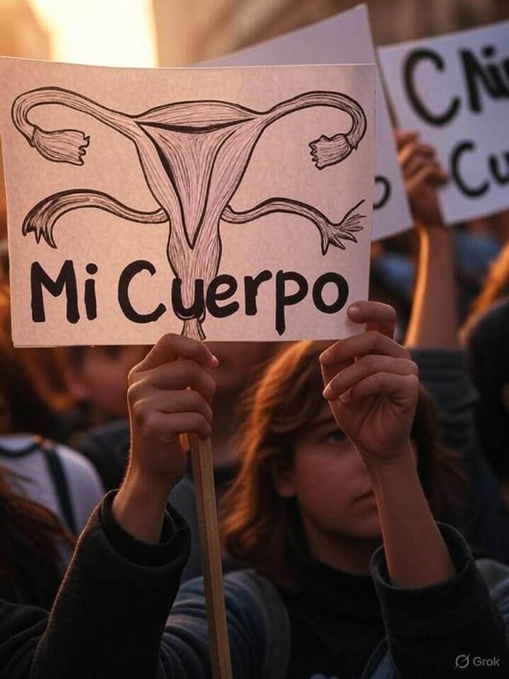 Hands grip protest signs with uterus and "Mi Cuerpo" in warm late-day light.