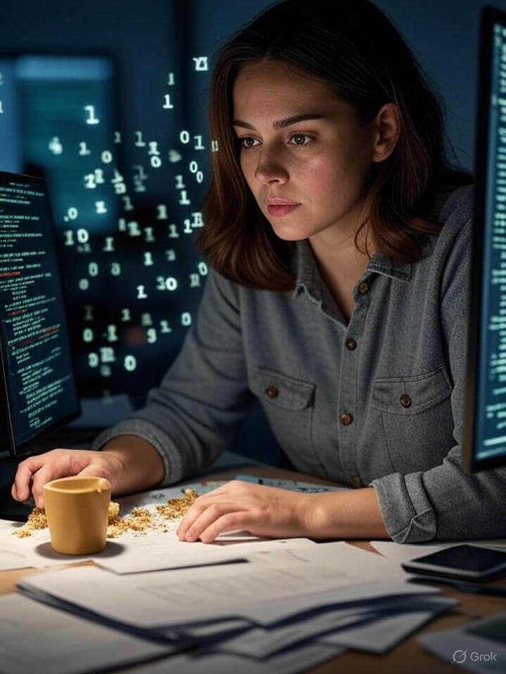A young woman is intensely focused on her computer screens, surrounded by code.