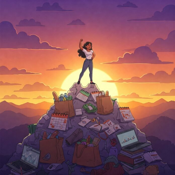 Confident Woman Conquers Tasks at Sunrise