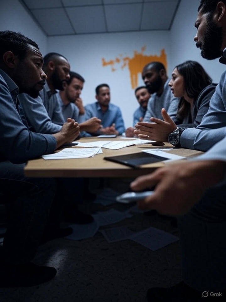 Tense meeting with arguing coworkers, scattered papers, gripped pen, orange splash.