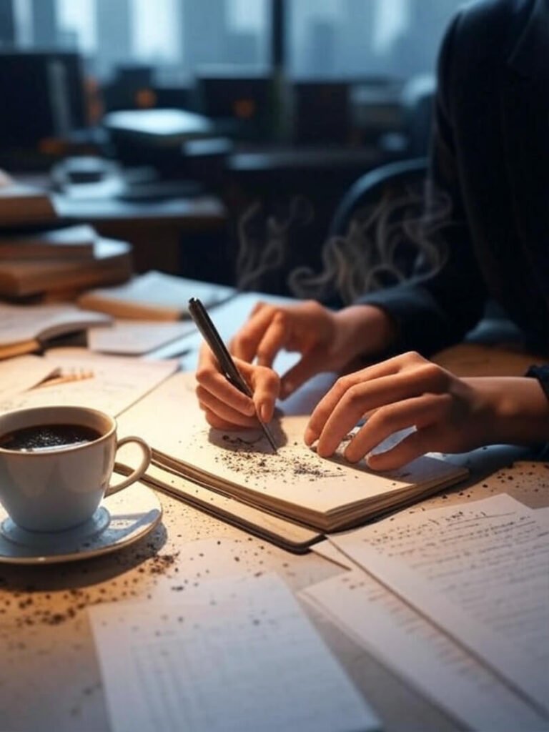 Messy desk, woman's hands scribbling, coffee stains, vintage style, soft grays, warm ambers.