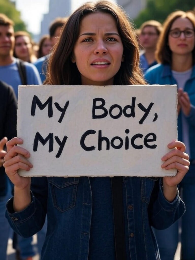 Impressionistic "My Body, My Choice" sign with smudged letters in a noisy crowd.