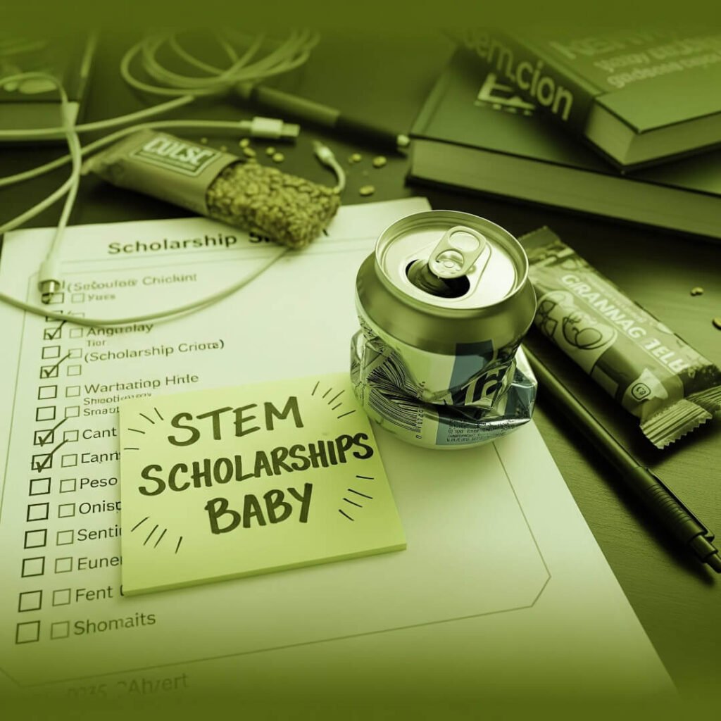 A cluttered desk with a crumpled energy drink can, a scholarship checklist, and a note.