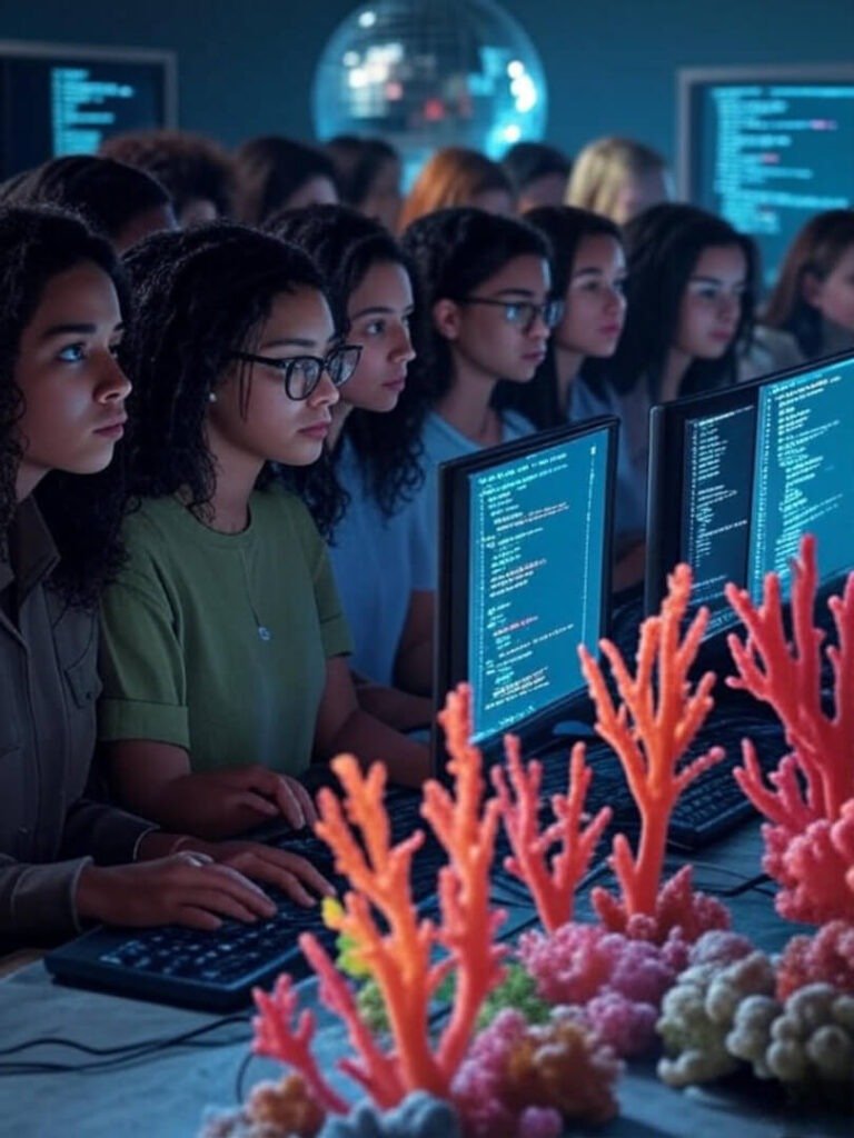 Retro women coding at hackathon, old monitors, wild hair, disco ball, colorful vibe.
