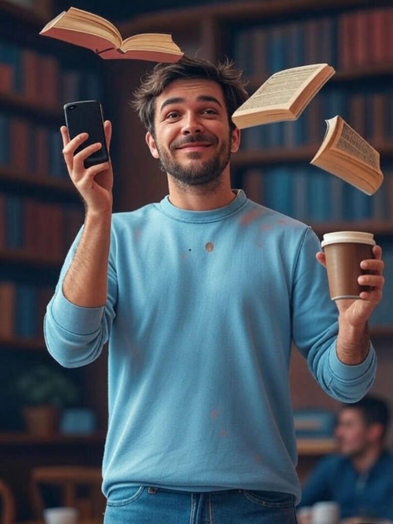 Impressionistic person juggling books, phone, coffee, with coffee stain, dusty blue tones.