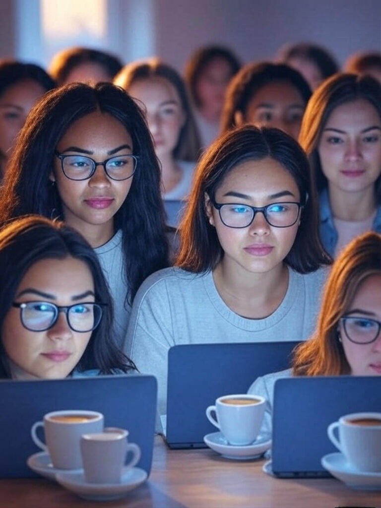 Colorful sketch of women in virtual class, lit by laptops, floating coffee cups.