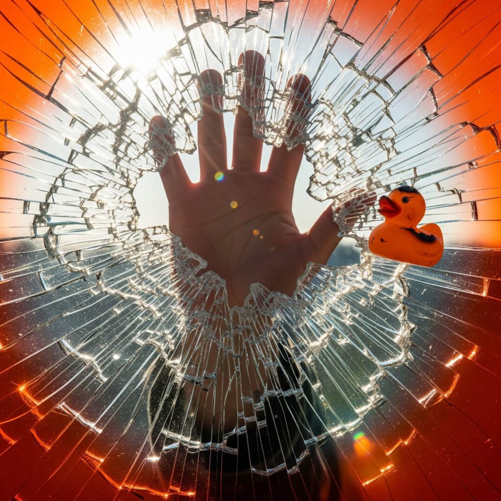 Hand pushing through cracked glass with duck.