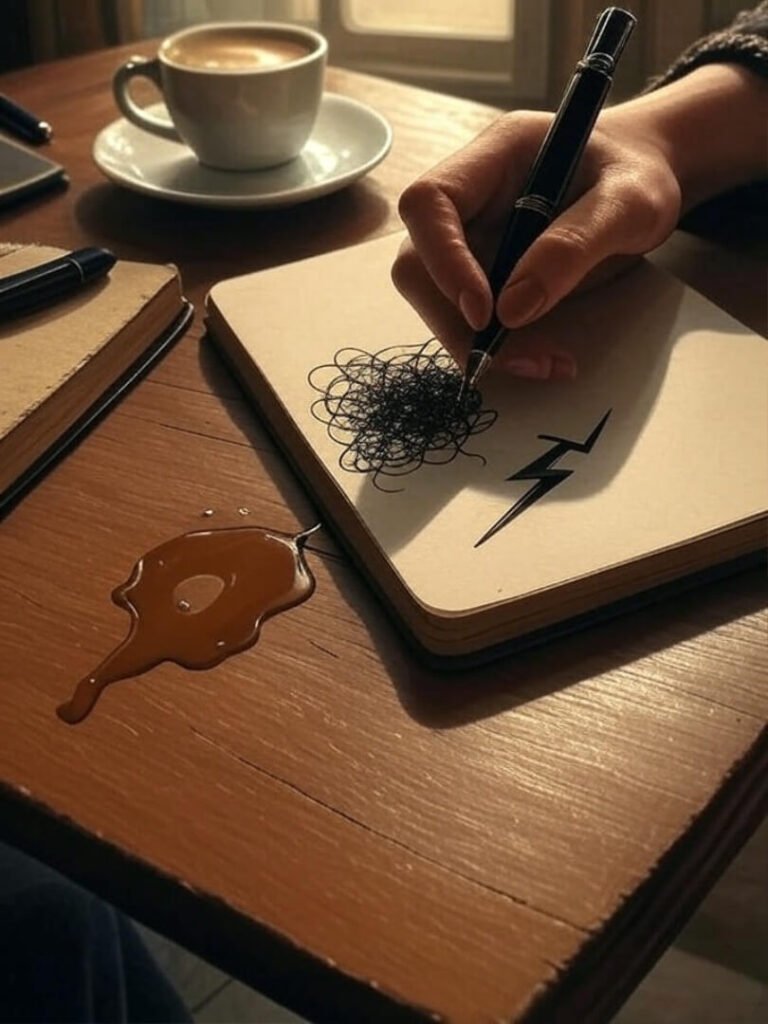 Vintage hand scribbling in notebook with lightning bolt pen, spilled coffee nearby.