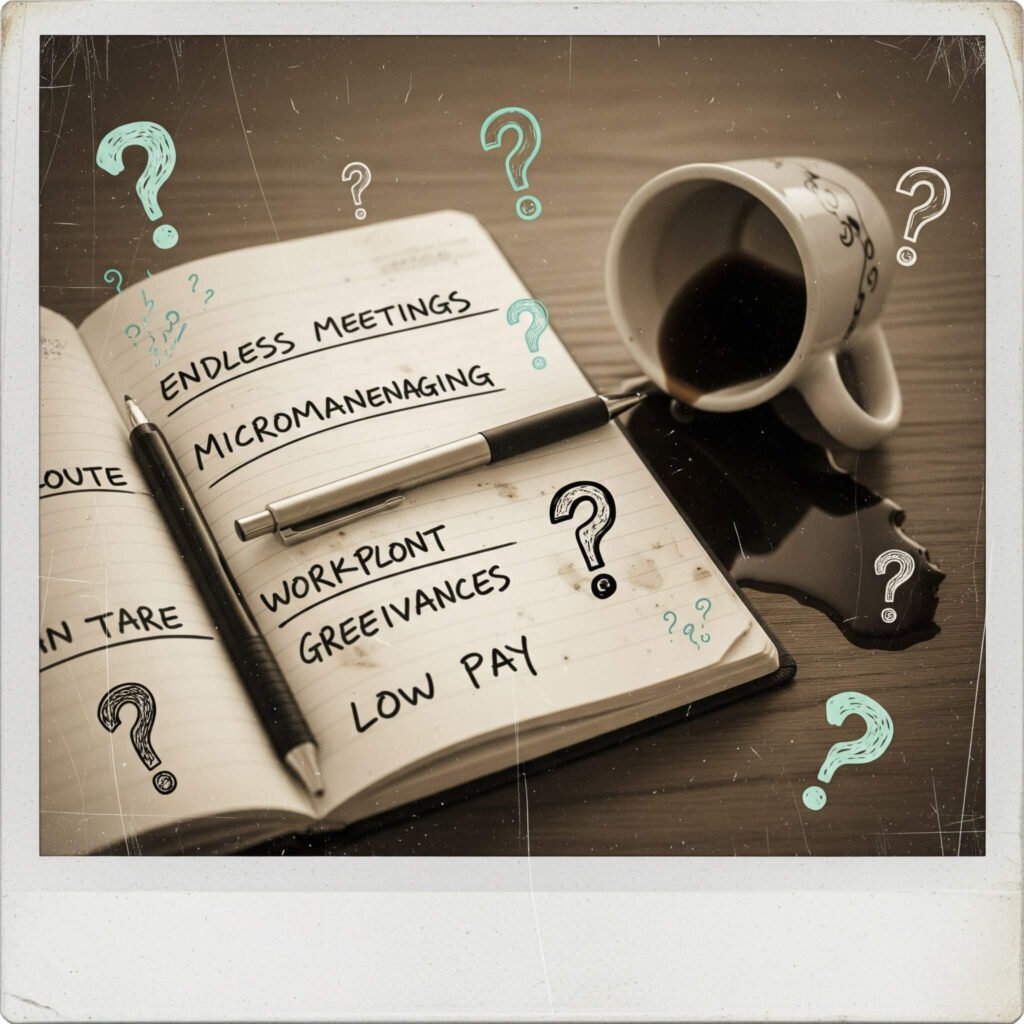 A vintage-style polaroid image of a beat-up notebook with workplace gripes.