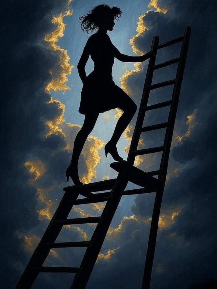Woman's silhouette on rickety ladder, stormy sky, navy-gold tones, dramatic view.