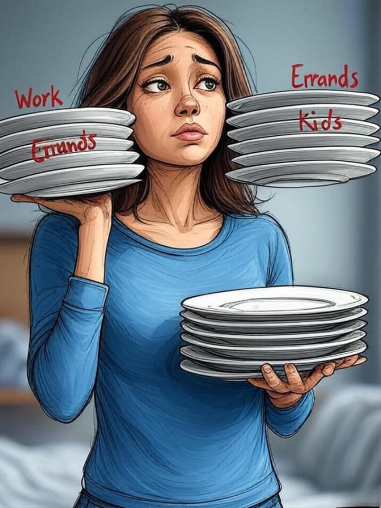 Woman balancing wobbly plates labeled Work, Kids, Errands, messy sketch style.
