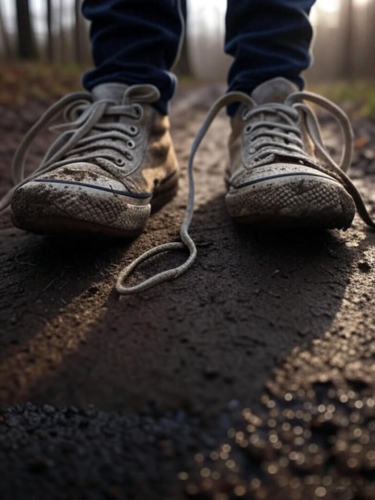 Muddy sneakers with untied lace on park trail, symbolizing mental health struggles.