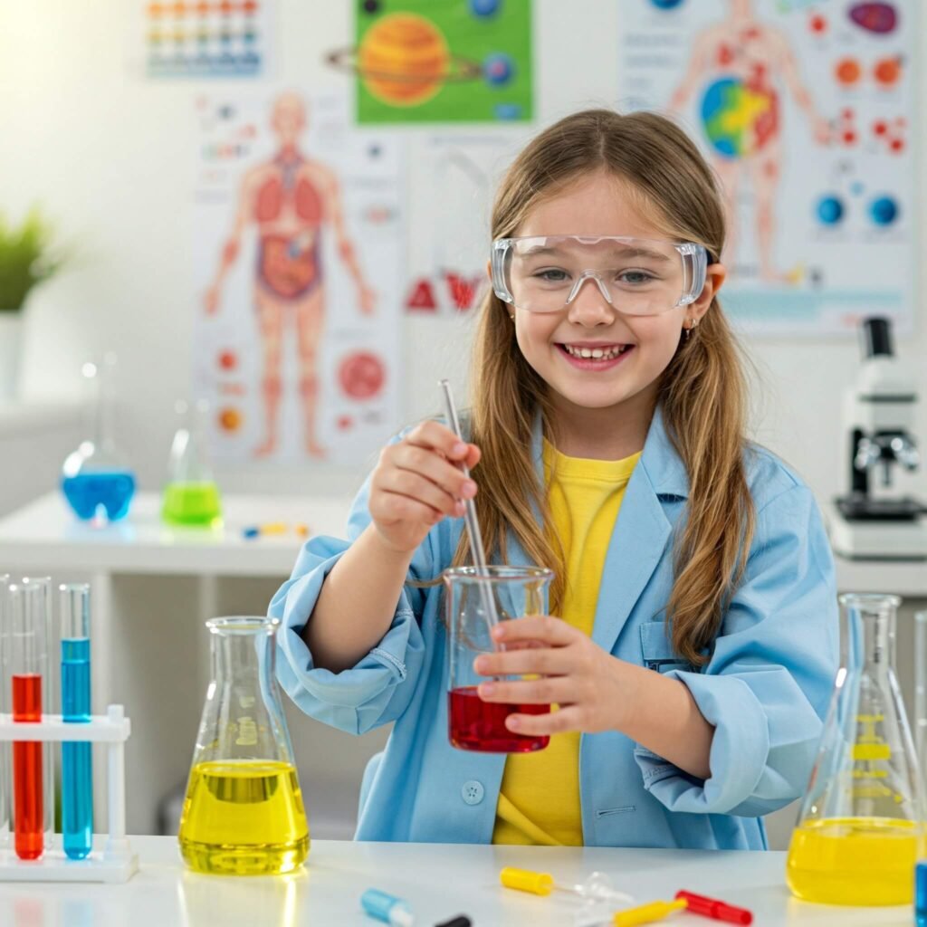 Girl mixing liquids in a beaker