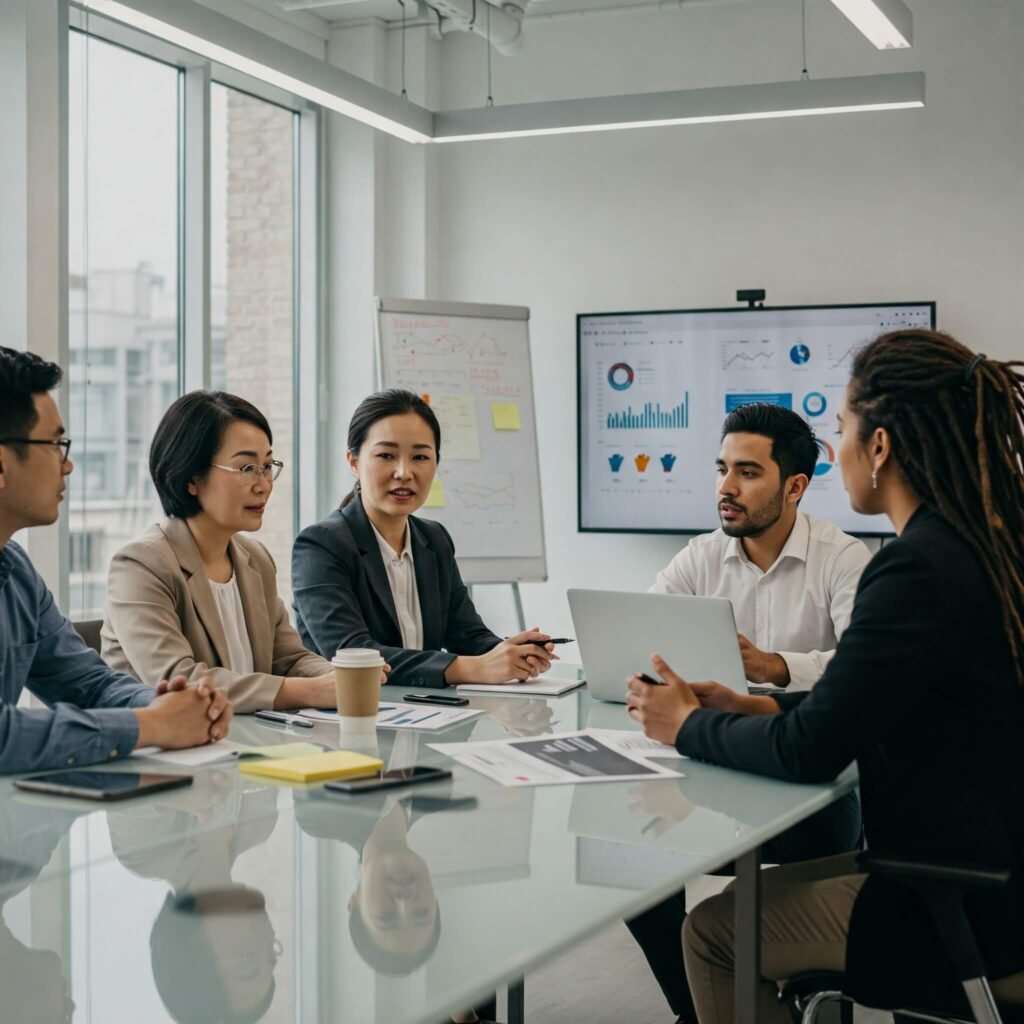 Diverse Group Discussing Policies in Modern Office