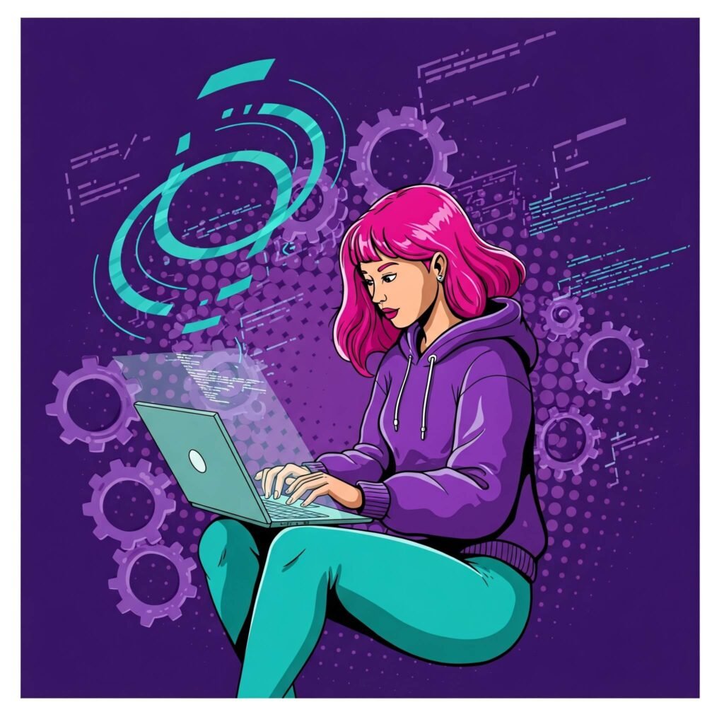 Vibrant Woman Coding with Gears