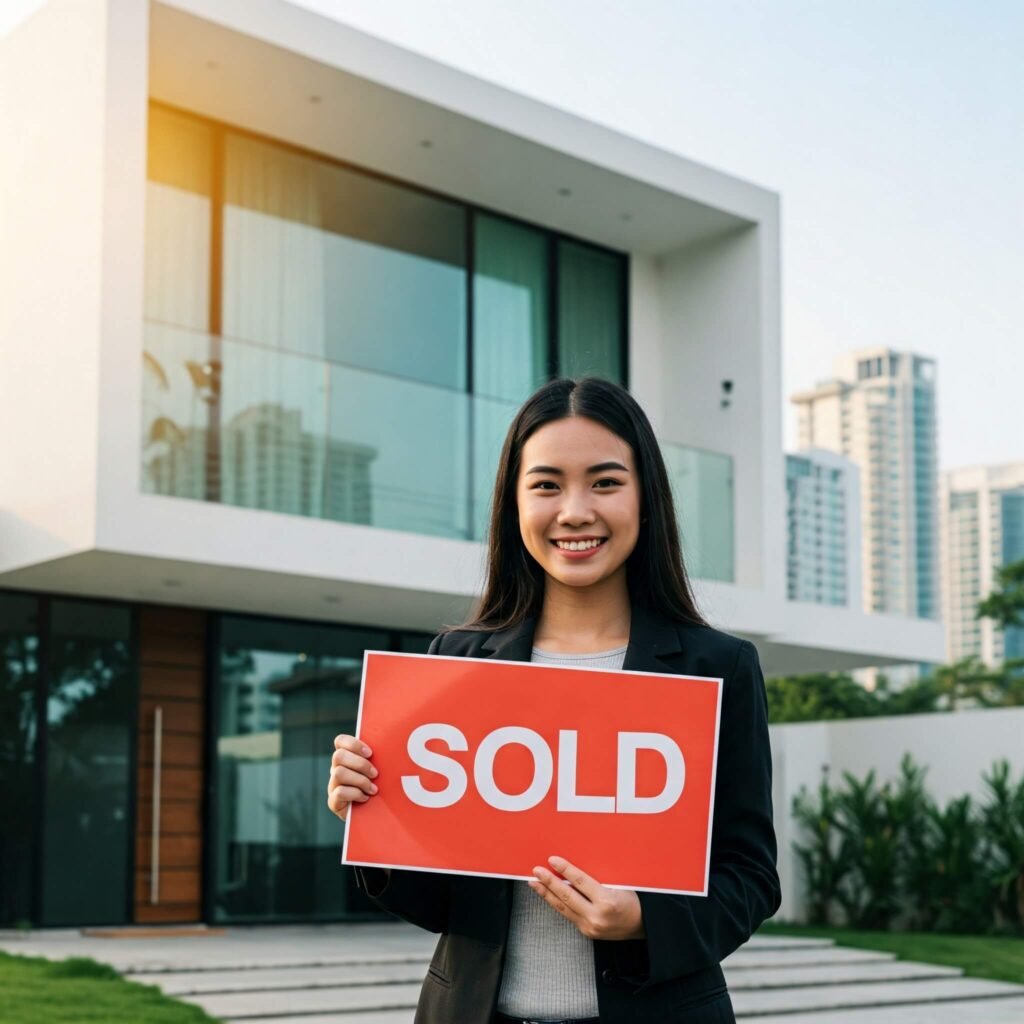 Woman with Sold Sign in Front of Modern House