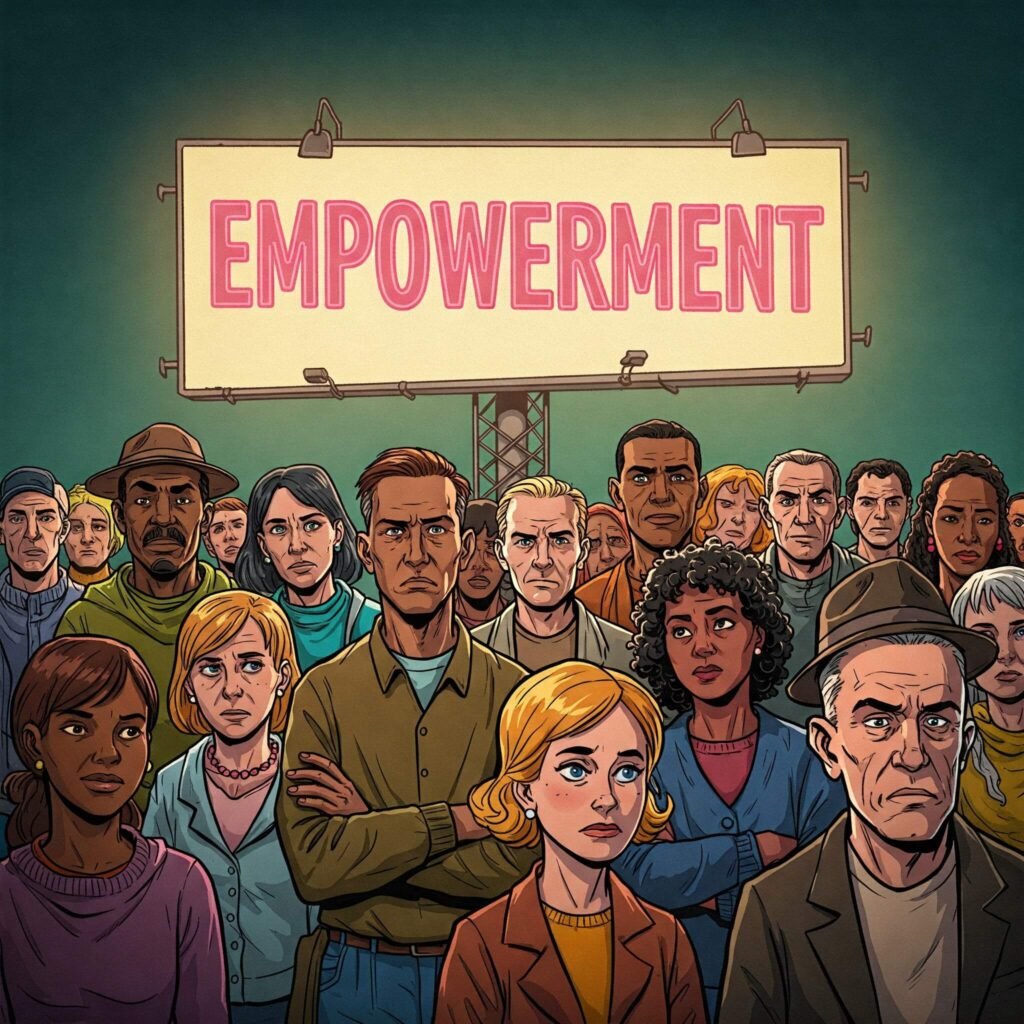 Skeptical Crowd Before Empowerment Billboard