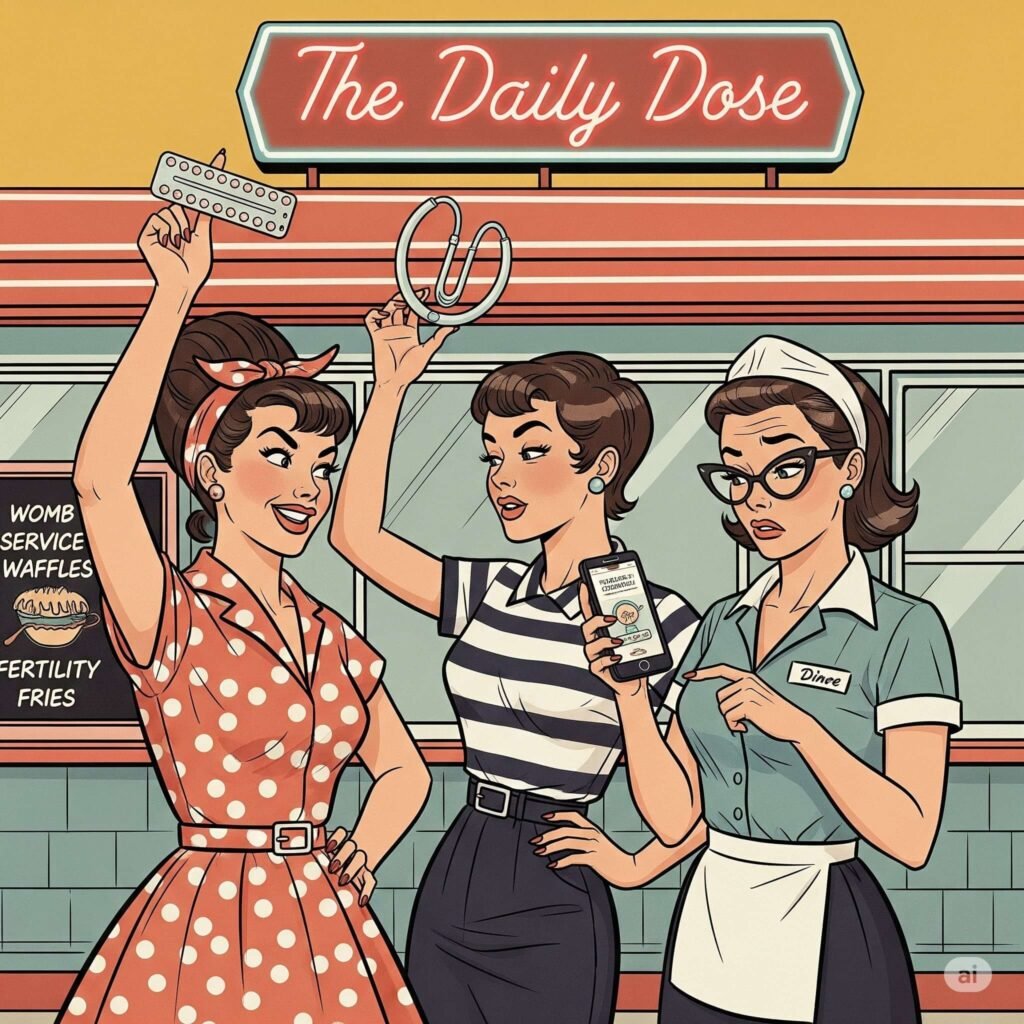 Retro-style illustration of women holding birth control methods outside a diner.