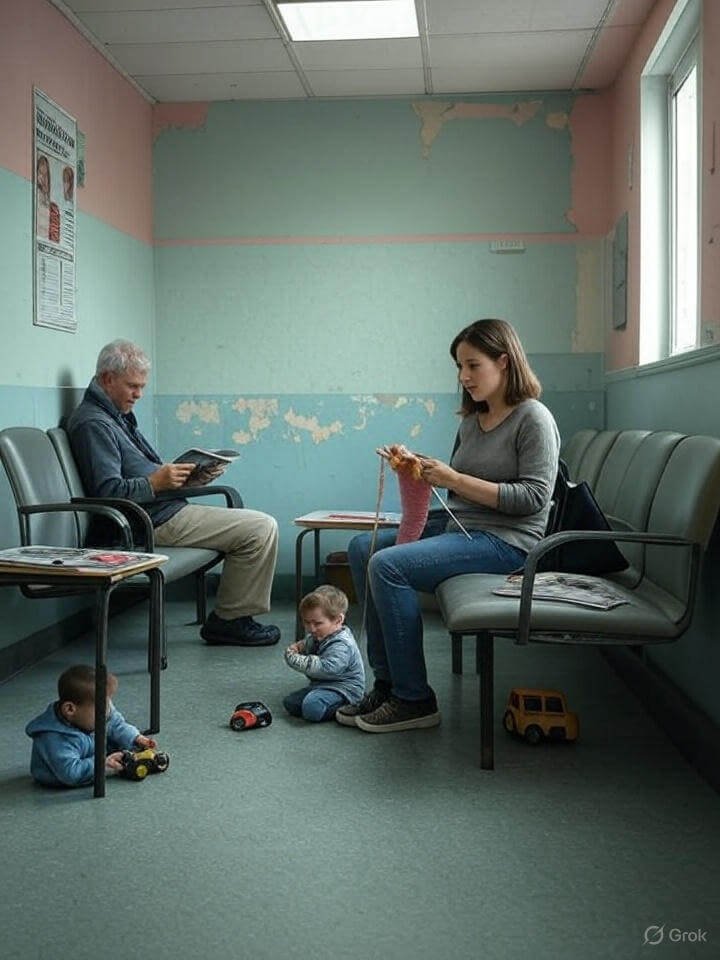 Worn clinic waiting room, crooked shot, faded birth control posters, scarf on chair, soft blues and pinks.