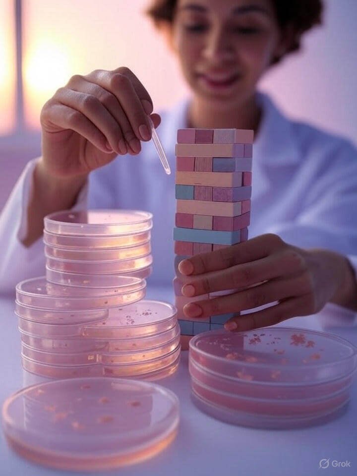 A smiling scientist is working in a lab with a stack of petri dishes and a colorful block tower.