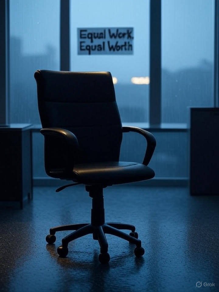 Lone chair by rainy window, "Equal Work, Equal Worth" reflection, moody blues.