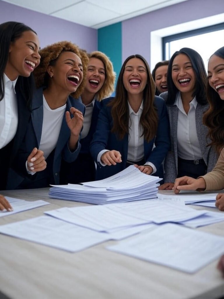 Women laughing in meeting, papers tipping, chaotic fun, teals and lavenders.