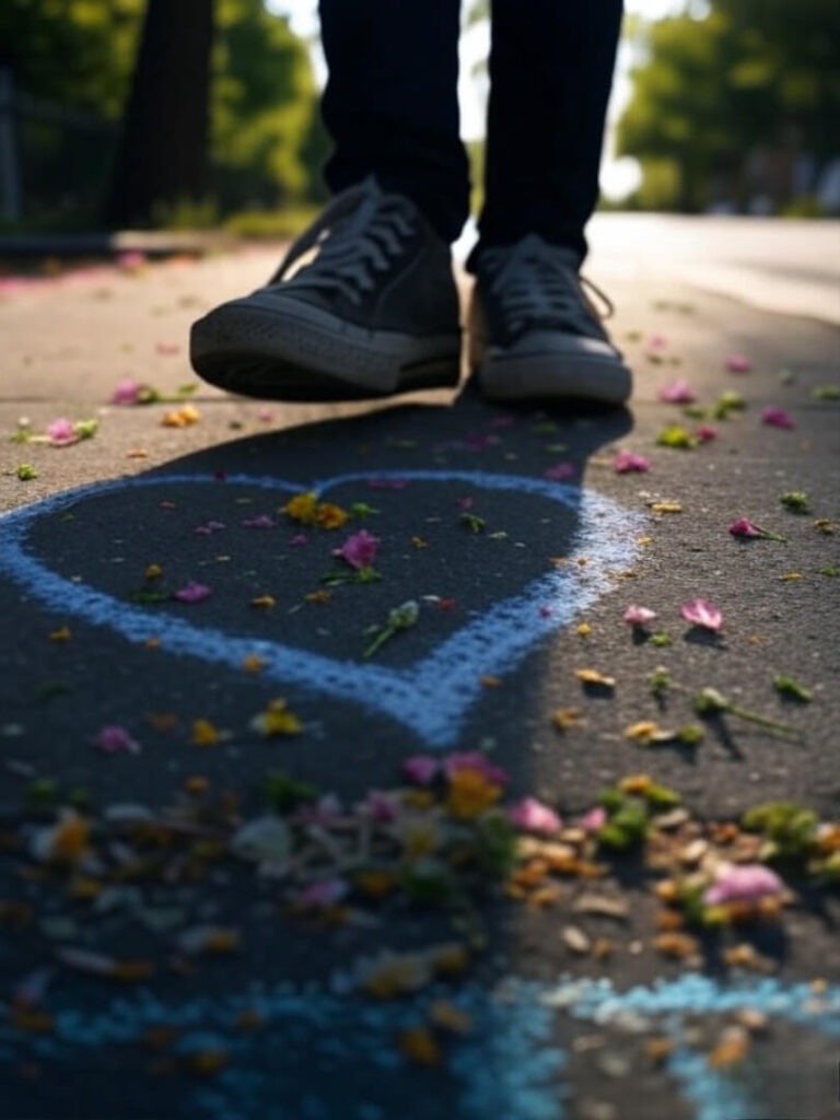 Vintage photo of worn sneakers, wildflower petals, fading chalk heart on sidewalk.