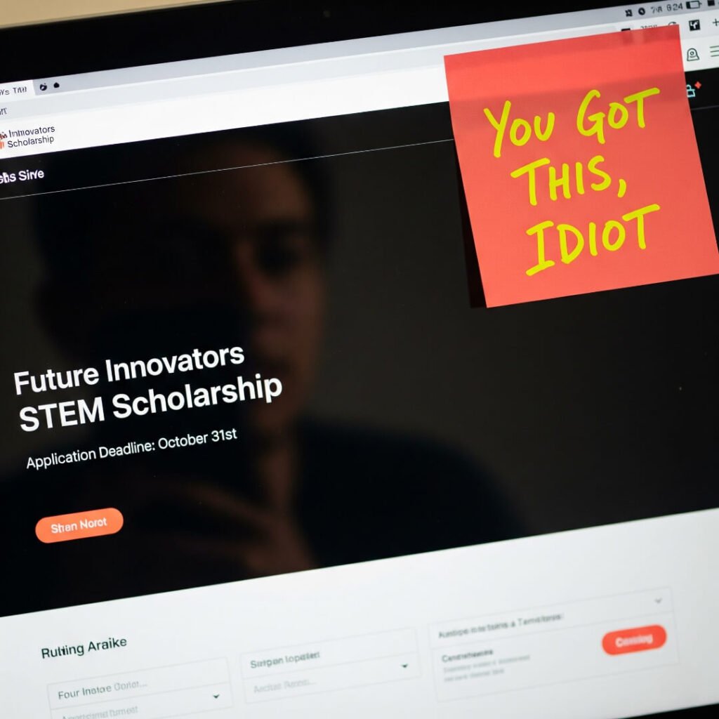 A blurry close-up of a laptop screen with a scholarship website, and a "You Got This, Idiot" note.