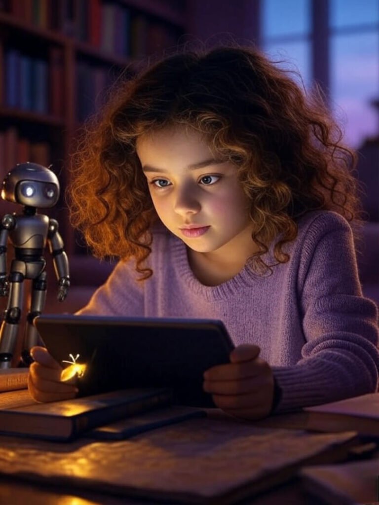 Blurry girl coding on tablet in library, books, robot, glowing firefly, warm tones.