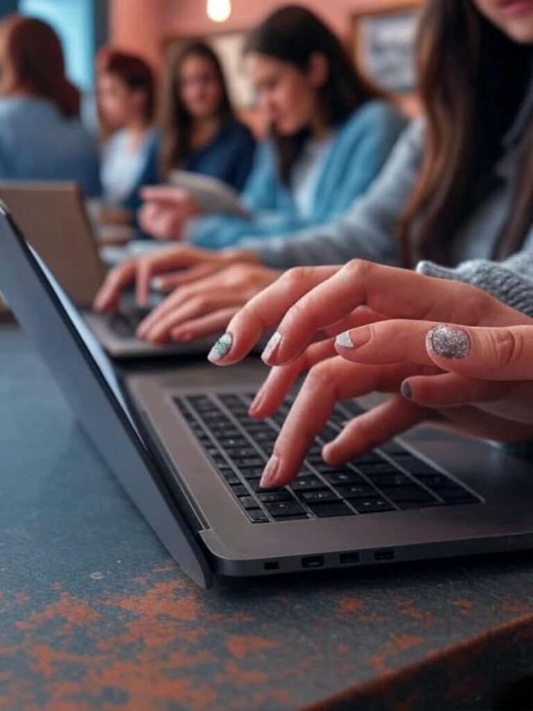 Hands typing on laptop in coffee shop, chipped sparkly nails, studying women background.