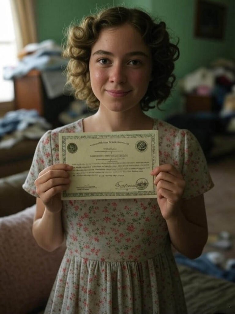 Vintage girl holding certificate in messy living room with laundry, mint green tones.