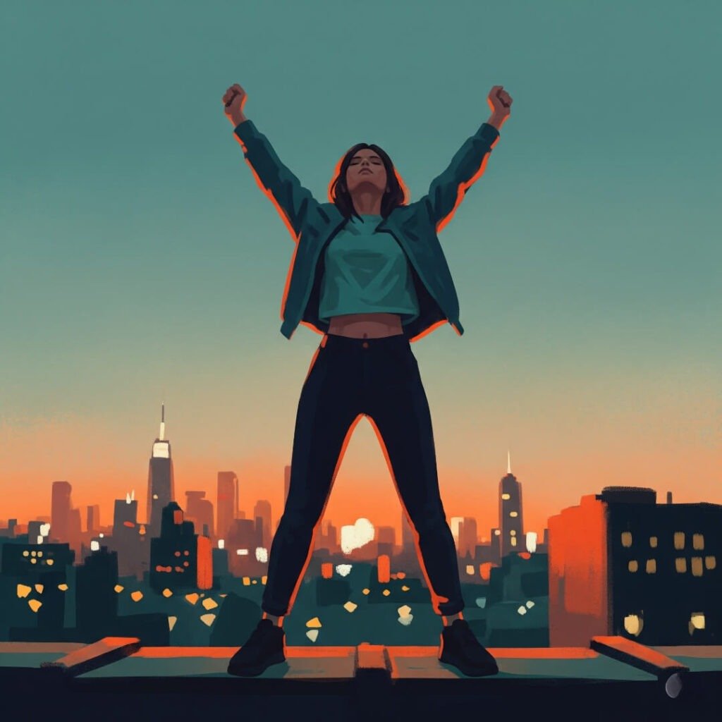 Woman on NYC rooftop, arms raised, cityscape.