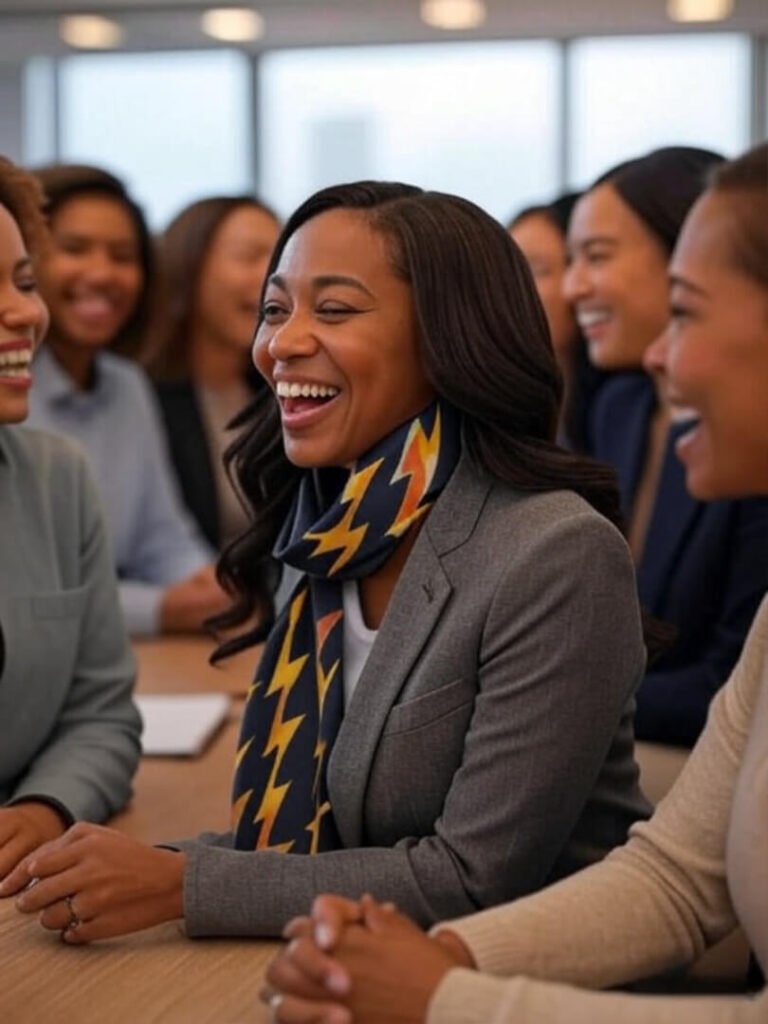 Blurry women laughing at table, one with lightning scarf.