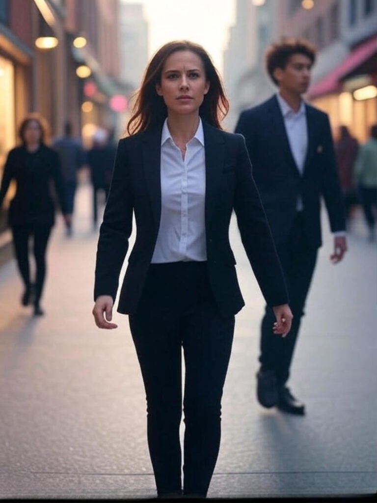 Woman hustling, younger self in reflection.